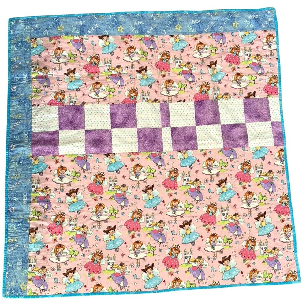 Handmade Baby Quilt 42x42 Pink Fairy Princess Castle Patchwork Blanket